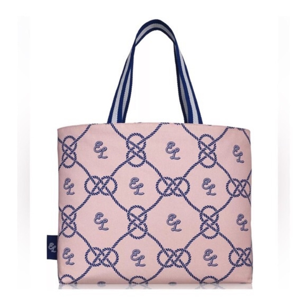 Estée Lauder Tote Beach Bag Nautical Rope Print Navy Blue & Pink One Size